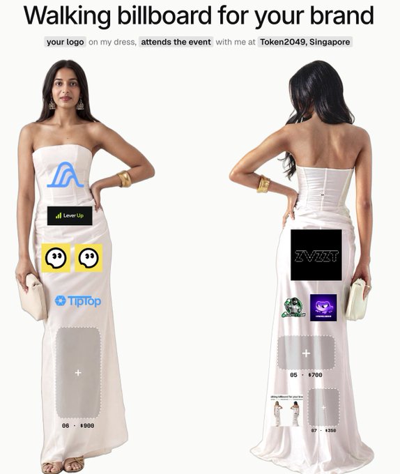 A promotional graphic titled "Walking billboard for your brand" featuring front and back views of a model in a white strapless dress displaying various company logos including Lever Up, TipTop, IZIT, and a frog logo for froglabsio at Token2049, Singapore, with pricing options ranging from $350 to $4,700 for ad placements.