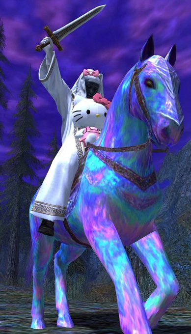 A surreal figure in white robes raises a sword while riding a glowing iridescent horse, clutching a Hello Kitty plushie. The image whimsically merges medieval crusader imagery with the iconic Sanrio character, fitting the meme-like, prophet-themed promotion of $KITTY token.