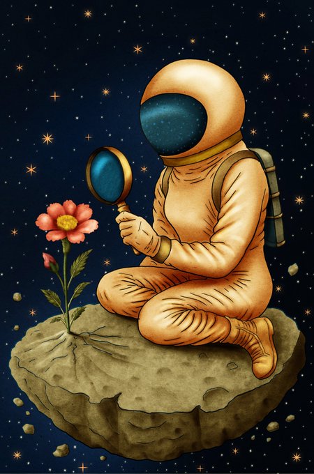 An illustrated astronaut in an orange suit sits cross-legged on an asteroid in space, holding a magnifying glass to examine a red flower growing from the rock, with stars and an oxygen tank in the background.