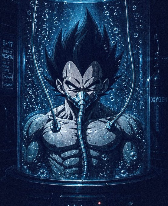 A dark, moody illustration depicts the anime character Vegeta submerged in a glass tank with tubes in his nose, labeled "SUBJECT VEGETA" and "STATUS: STABLE".