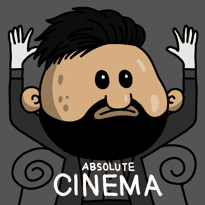 A cartoon illustration of a man with dark hair and a thick beard with his hands raised in a surprised or excited gesture, with the text 'ABSOLUTE CINEMA' written below him.