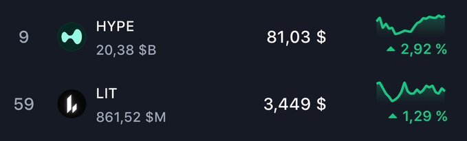 The image displays cryptocurrency rankings showing HYPE ranked #9 with a market cap of $20.38B trading at $81.03 (up 2.92%), and LIT ranked #59 at $3.449 (up 1.29%), with green upward-trending line charts illustrating recent gains. The screenshot visually supports the post's claim about perpetual DEX valuations surging, specifically highlighting HYPE surpassing $80 and LIT approaching the $4B mark.