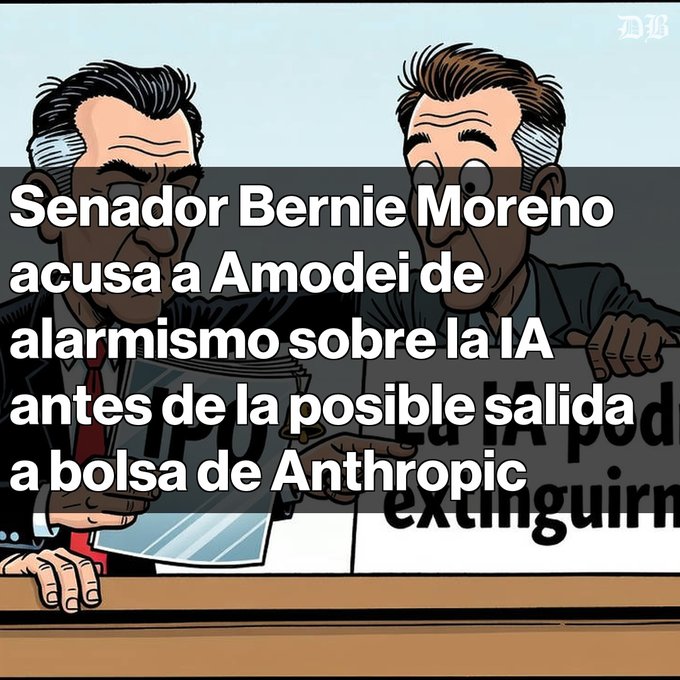 An editorial cartoon depicts two political figures at a desk, overlaid with Spanish text reading "Senador Bernie Moreno acusa a Amodei de alarmismo sobre la IA antes de la posible salida a bolsa de Anthropic."