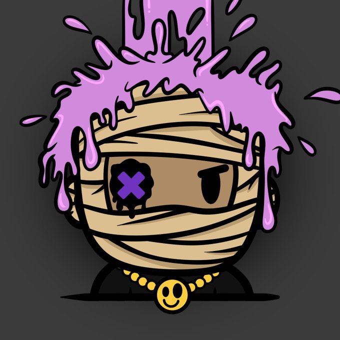 A cartoon illustration of a mummy character with bandages wrapped around its body, wearing a gold smiley face necklace, with pink slime splashing over its head and one purple X-marked eye visible.