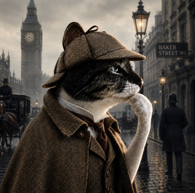 A tabby cat dressed as Sherlock Holmes in a tweed deerstalker hat and coat stands thoughtfully on the cobblestones of a foggy London street, with Big Ben and a "Baker Street W1" sign visible in the background—perfectly evoking a Victorian mystery unfolding.