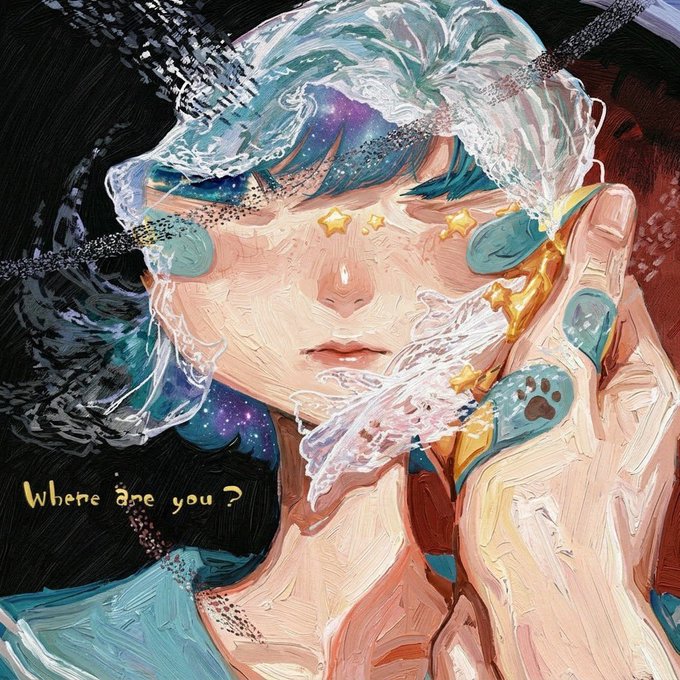 An anime-style character with starry, cosmic eyes and flowing teal hair holds a paw-print-adorned finger up to her face, with the text "Where are you?" inscribed in the lower left—evoking a sense of longing that complements the free mint NFT drop announcement for @no_hoshii.