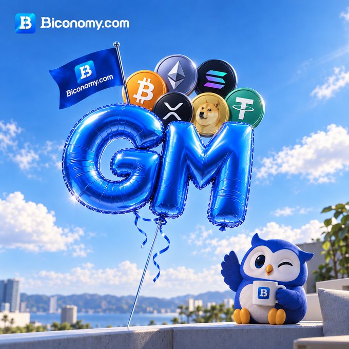 A promotional image for Biconomy.com featuring blue 'GM' balloons, various crypto coin logos (Bitcoin, Ethereum, Doge, XRP, Solana, Tether), and a blue owl mascot holding a Biconomy mug.