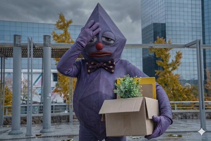 The image features a person dressed as a purple character with a sad expression, holding a cardboard box that says "Mr. Etherium" on it. The background shows an office building, suggesting that this scene takes place at or near the Ethereum Foundation. The caption reads, "I'm sad to announce that Mr. Etherium was part of the latest wave of layoffs at the Ethereum Foundation".