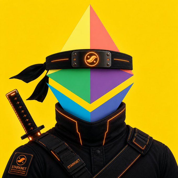 The image features a person dressed as a robot or a character from a video game wearing a black shirt and a headband that has a triangle design on it. The person also has a sword strapped to their back, adding to the futuristic appearance of the costume. The background is yellow, which contrasts with the black outfit and makes the colors pop. The image includes text that reads "@ethereumfndn shielded ERC20s and DeFi Soon on Ethereum", possibly indicating an association between the character or robot's costume and a particular event or project related to cryptocurrencies or blockchain technology.