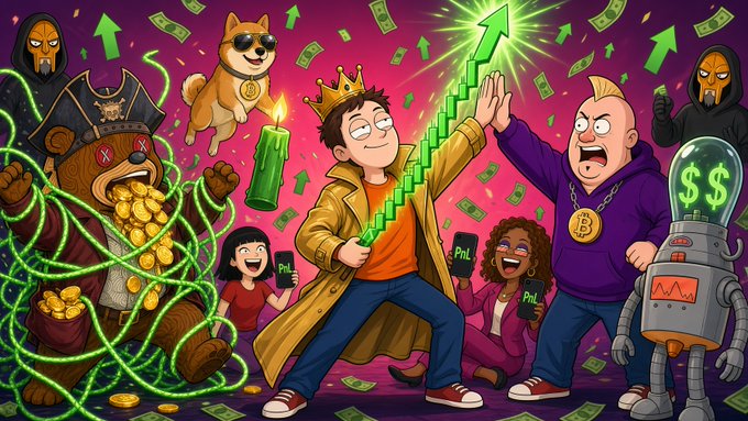 A colorful cartoon illustration depicting a meme coin rally with characters celebrating a rising green price chart, including a crowned figure, a dog with sunglasses and gold chains, a pirate bear wrapped in glowing green lines, a robot, and hooded figures, with money and green arrows filling the pink background.