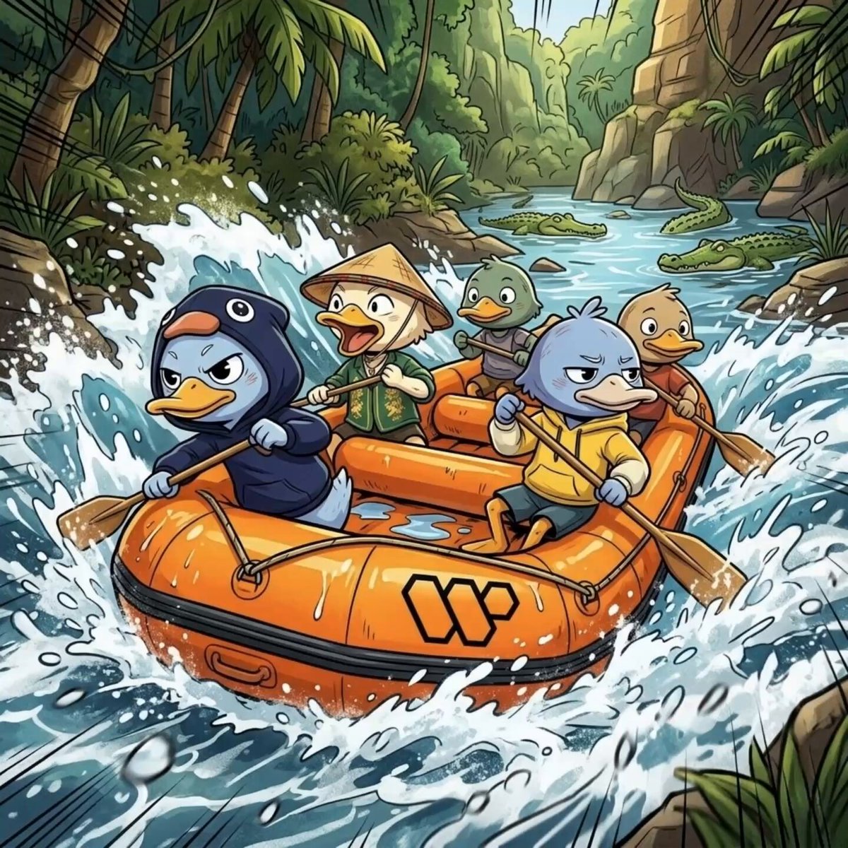 The image features a group of ducks wearing life jackets and paddling an orange raft down a river surrounded by trees. There are five ducks visible in the scene, with one duck positioned at the front left side of the raft, another duck on the right side, two ducks in the middle, and two more ducks towards the back. The water appears to be rough, adding excitement to their adventure.