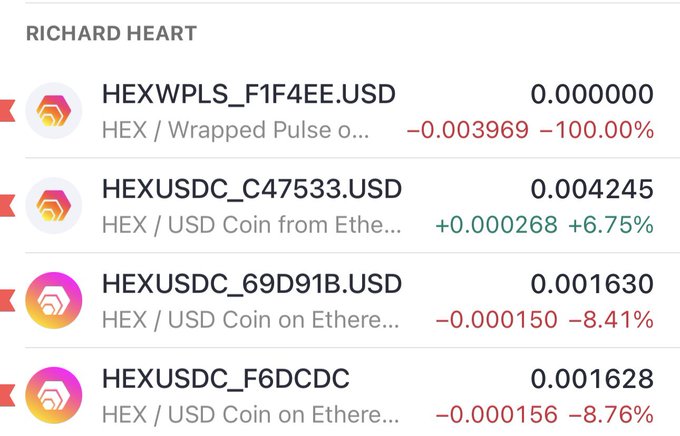A screenshot from the "Richard Heart" feed displays price data for four HEX trading pairs, including HEXWPLS_F1F4EE.USD (down 100.00% to 0.000000) and three HEX/USDC pairs on Ethereum ranging from 0.001628 to 0.004245. The post about wanting "free HEX" appears to joke about HEX's dramatically crashed price, with the Wrapped PulseChain pair showing a complete 100% loss.