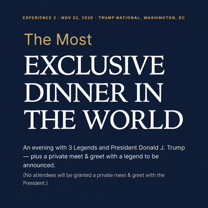 The image is a promotional graphic for the third official $TRUMP memecoin dinner experience, titled "The Most Exclusive Dinner in the World," scheduled for November 22, 2026, at Trump National in Washington, DC, featuring "an evening with 3 Legends and President Donald J. Trump" along with a private meet & greet with a legend to be announced. It relates to the accompanying post by advertising the event's exclusivity for top token holders, while the post notes that despite a 1% daily gain, $TRUMP remains down 97% from its January 2025 peak.