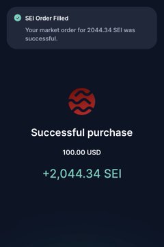 A screenshot of a cell phone screen showing a summary for Sei Network's trading platform, which includes details about a successful purchase of $100,000 US dollars. The text displays that the account was closed at 4am last night due to market conditions. The message is written in bold black letters with a red border and accompanied by a dollar sign symbol.