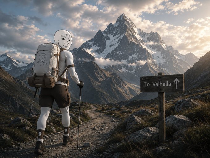 A digitally edited image of a hiker with a Wojak face, carrying a backpack, standing on a mountain path next to a sign that reads 'To Valhalla'.