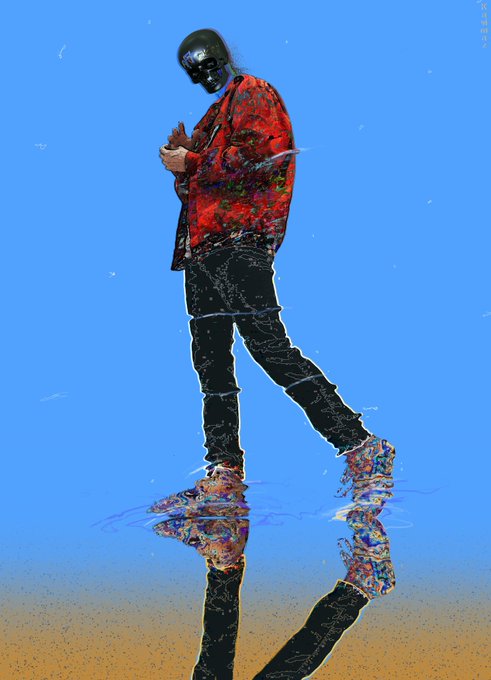 Artistic digital illustration of a figure wearing a red jacket, black pants, and a black helmet against a blue background, with a water reflection effect.