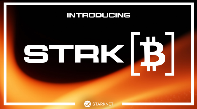 A promotional graphic with an orange and black background announces "INTRODUCING STRK [₿]" with the "STARKNET" logo at the bottom.