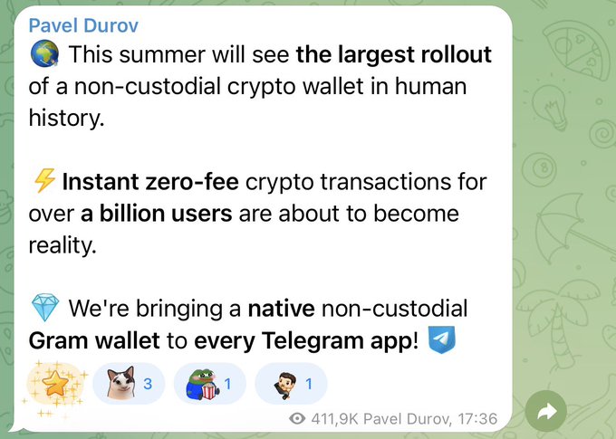 A Telegram post by Pavel Durov at 17:36 with 411.9K views announces the summer rollout of a native non-custodial Gram crypto wallet across all Telegram apps, offering instant zero-fee crypto transactions to over a billion users. The image features his post against a light green background with subtle doodles, accompanied by three user reactions (3, 1, 1).