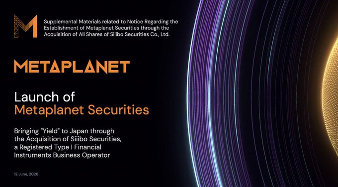 The image features a purple circle with gold lines that says "Metaplanet" at the top. Below this, there are two bullet points about an acquisition of Japanese securities company Siiibo Securities by Metaplanet. The text indicates that the deal is worth 2.1 billion yen and will be completed in January.