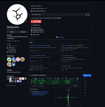 A dark-themed GitHub profile page for 'Abhish4k' displaying contribution stats, pinned repositories, a GitHub Activity snake summary, and a contribution graph.
