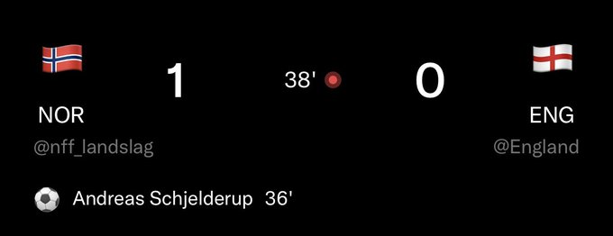 The image shows a live sports score graphic displaying a match between Norway (NOR) and England (ENG), with Norway leading 1-0. Andreas Schjelderup scored at the 36th minute, and the match clock shows 38 minutes played. The disclaimer "this message is not intended for residents of the UK" appears relevant because it notes that England, a UK team, is currently losing 0-1 to Norway in this football match.