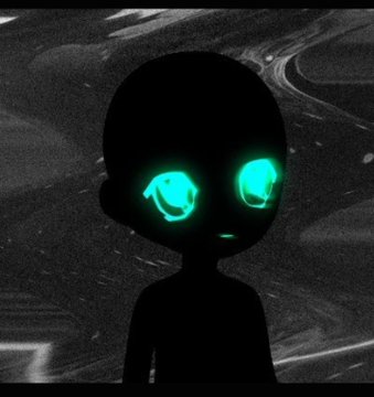A dark, eerie image of a small humanoid figure with glowing green eyes standing on cracked ground.