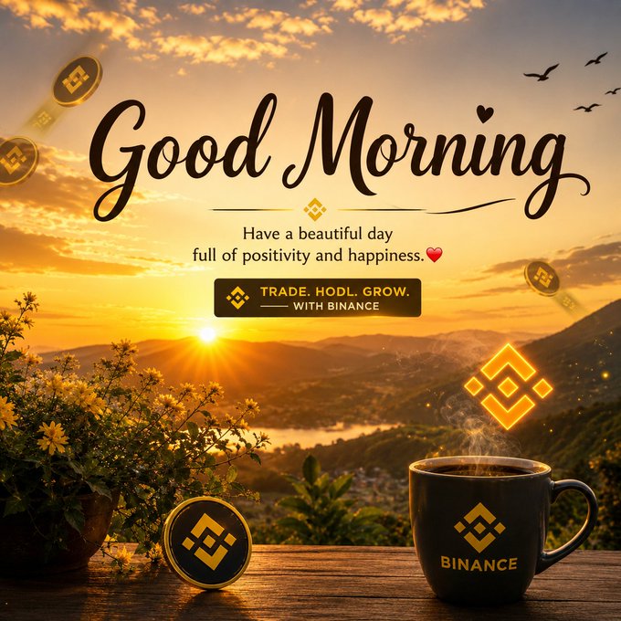 The image shows a coffee cup with an "BM" logo, which may represent Bitcoin, sitting on a wooden table against the backdrop of a beautiful sunset and flowers near the mountainside. The photo caption suggests that this could be a morning or evening of good fortune and positive vibes related to the cryptocurrency market.