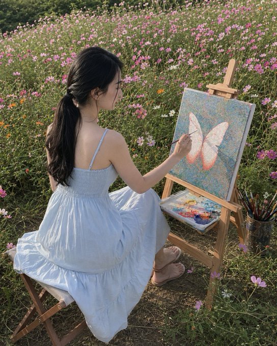 A young woman in a light blue sundress sits on a small wooden stool in a field of pink cosmos flowers, painting a vibrant pink and white butterfly on a canvas set up on a wooden easel. The image has no relation to the accompanying post about quantum infrastructure and @quipnetwork, as it depicts a peaceful outdoor painting scene with no text or branding visible.