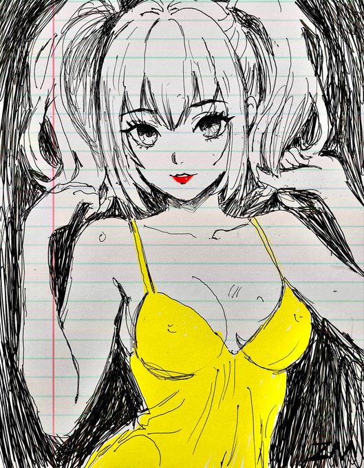 A sketch-style illustration of an anime girl with short hair, large expressive eyes, red lipstick, and a bright yellow dress, drawn on lined notebook paper. The vibrant yellow dress visually echoes the "Yellow Heart" NFT referenced in the post, connecting the artwork to the OE collection promotion.