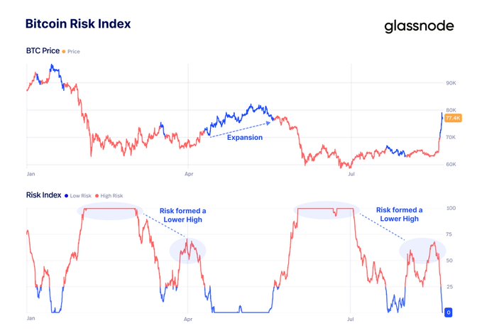 A Glassnode chart titled 'Bitcoin Risk Index' displaying BTC price (currently 77.4K) and the Risk Index throughout the year, highlighting an 'Expansion' phase and noting that risk formed a 'Lower High' pattern.