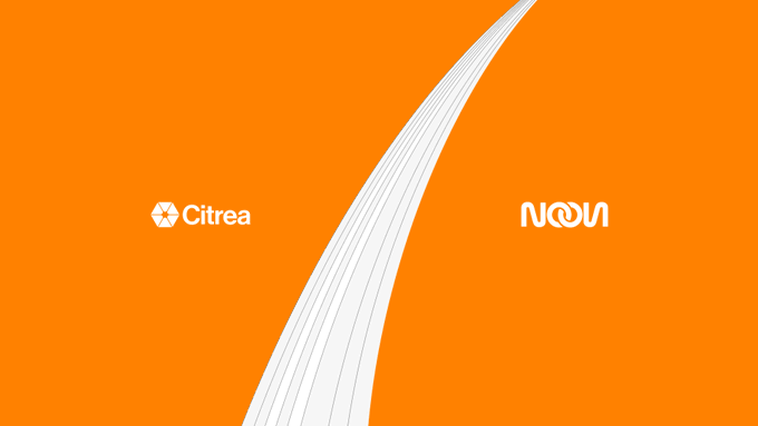 An orange graphic displaying the logos of Citrea and NOVU separated by a white swooping line design.