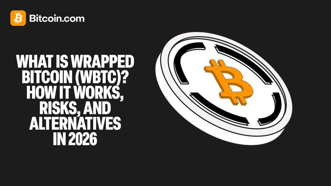 A Bitcoin.com graphic titled 'WHAT IS WRAPPED BITCOIN (WBTC)? HOW IT WORKS, RISKS, AND ALTERNATIVES IN 2026' featuring a white and gold Bitcoin token.