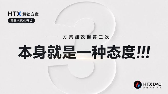 A promotional graphic for HTX featuring a large white '3' and Chinese text reading 'HTX 解锁方案 第三次优化升级' and '本身就是一种态度!!!', branded with the HTX DAO logo.