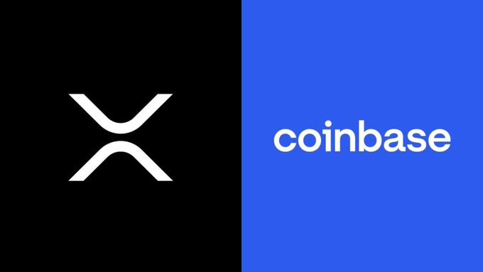 The image displays the XRP logo on a black background alongside the Coinbase logo on a blue background, visually representing the connection between the cryptocurrency XRP and the Coinbase exchange platform as referenced in the post.