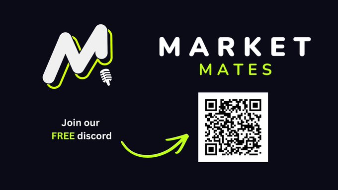 Promotional graphic for "Market Mates" featuring their logo (stylized "M" with a microphone) on a black background, inviting viewers to "Join our FREE discord" with a QR code and arrow directing to discord.gg/xsKRDhQbQs. The image highlights one of the official links shared in the post, specifically the free Discord community.