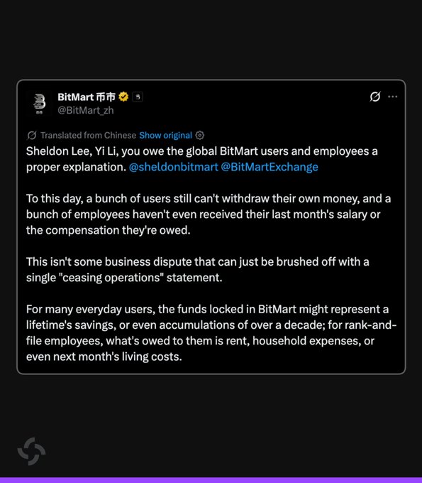 A screenshot of an X post from BitMart's official account (@BitMart_zh) addresses co-founders Sheldon Lee and Yi Li, demanding a proper explanation for users who "still can't withdraw their own money" and employees who haven't received their last month's salary. The post emphasizes that frozen funds may represent "a lifetime's savings" for everyday users and rent or household expenses for staff, reflecting the mounting pressure described in the accompanying news update regarding BitMart's frozen withdrawals and the August 19 repayment deadline demand.