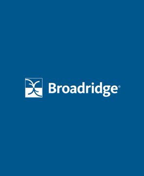 The image displays the Broadridge company logo in white text on a solid blue background, featuring a small icon beside the company name. The logo accompanies an insight about a Broadridge survey revealing that 84% of financial institutions view tokenization as a strategic priority, highlighting Broadridge as the source behind this industry research.