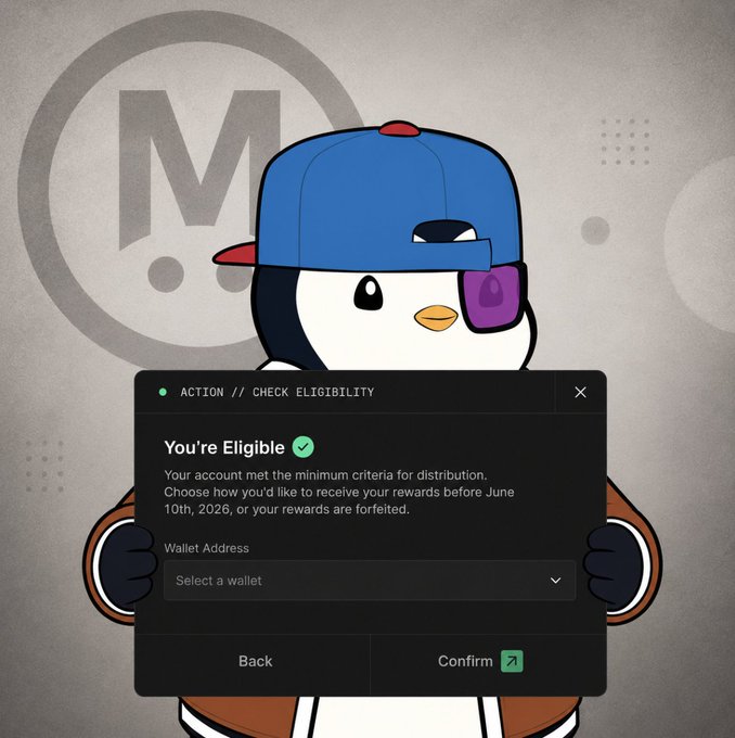 The image shows a cartoon penguin holding up a sign that says "You're Eligible" with a green checkmark, indicating that they have met the minimum requirements for a distribution of rewards. The post suggests that this process will take place on June 10th and encourages users to edit it until then if needed.