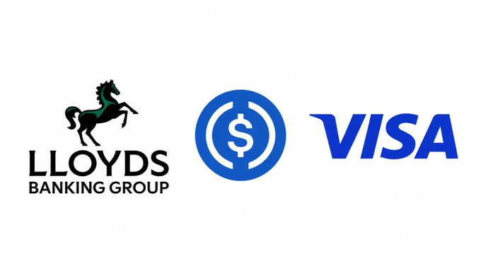 Logos displayed on a white background for Lloyds Banking Group (with a black horse), USDC (a blue dollar sign), and Visa (blue text).