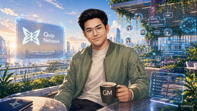 A young man wearing glasses and a green bomber jacket holds a black mug labeled 'GM' while seated at a rooftop café, with holographic 'Quip Network' and 'CONNECT • ENGAGE • EXPLORE' displays floating against a futuristic cityscape.