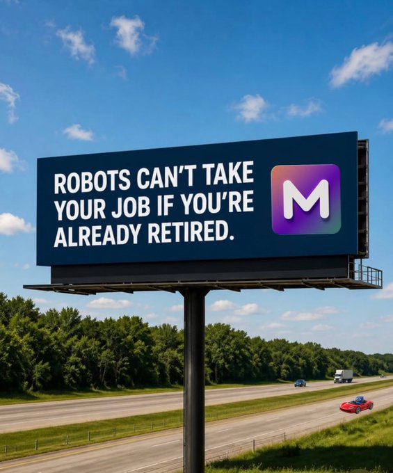 A billboard along a highway displays the humorous text "Robots can't take your job if you're already retired" alongside a purple "M" logo, tying into the #MoveToMetal $METAL campaign by joking about being removed from the workforce.