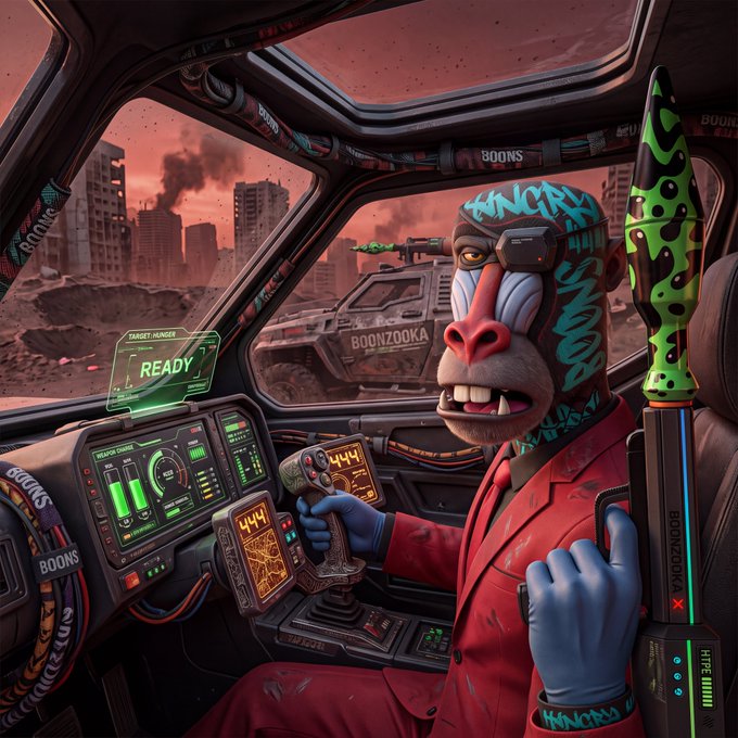 A digital art illustration of a punk-styled ape or baboon character with 'BOONZOOKA' graffiti inside a futuristic vehicle cockpit overlooking a post-apocalyptic cityscape.