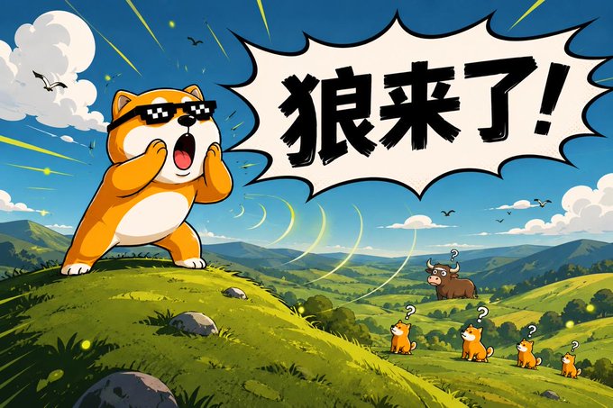 A cartoon illustration of a Shiba Inu dog wearing pixelated sunglasses yelling '狼来了!' (Wolf is coming!) from a grassy hilltop, while smaller dogs and a cow below look up with question marks.