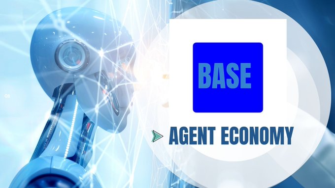The image features a blue robot with a camera attached to its head that says "Base" written on it. The background of the image is white with a blue circle containing the word "Agent Economy" written inside. There are also some lines drawn around the edges of the image, adding depth and dimension to the scene.