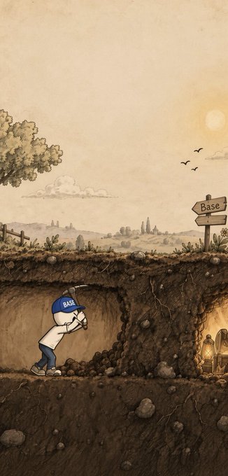 An illustration of a person wearing a shirt labeled 'BASE' digging a tunnel underground towards a dark cave, while a signpost above points to 'Base'.