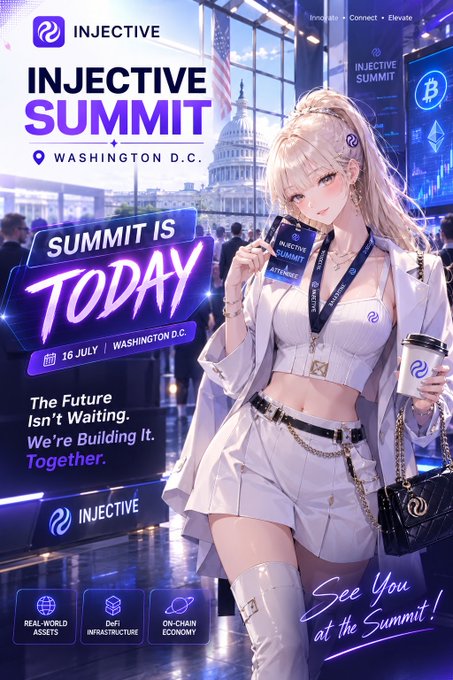 Promotional poster for the Injective Summit in Washington D.C. on July 16, featuring an anime-style woman in white holding an attendee pass, with text 'SUMMIT IS TODAY', 'The Future Isn't Waiting. We're Building It. Together.', and topic tags for Real-World Assets, DeFi Infrastructure, and On-Chain Economy.