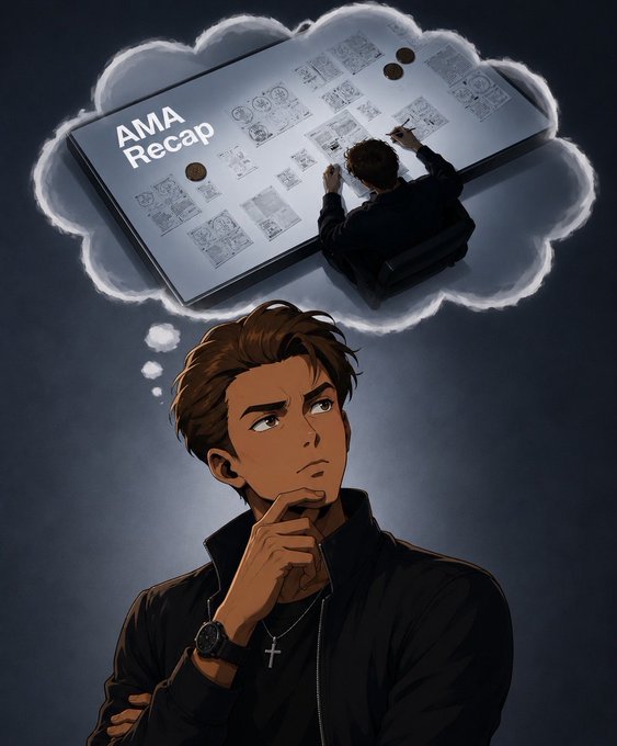 A contemplative young man wearing a cross necklace daydreams in a thought bubble showing him taking notes on a smartphone displaying "AMA Recap" with storyboard-like panels. The image visually represents someone thoughtfully processing the key updates from the 1winToken AMA, including the expanded @1winPro airdrop allocation, upcoming tokenomics, and Q4 2026 TGE listings.