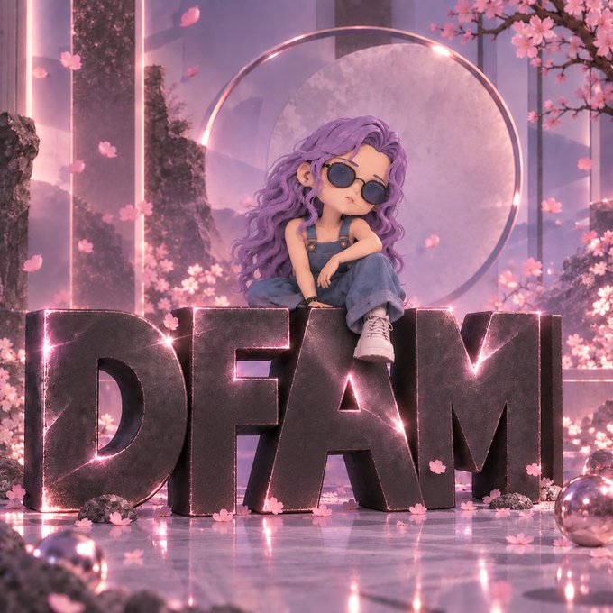 A 3D-style illustration shows a character with long purple hair and sunglasses sitting on large metallic letters spelling "DFAM," surrounded by cherry blossoms and a glowing moon backdrop.