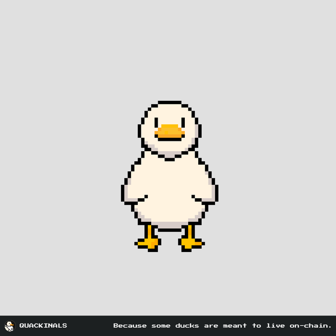 Pixel art white duck with text "QUACKINALS" and "Because some ducks are meant to live on-chain."