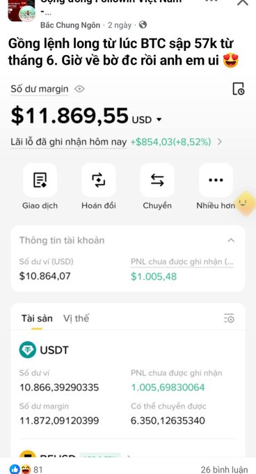 Vietnamese Binance margin trading screenshot showing $11,869.55 USD with +$854.03 (+8.52%) profit, captioned 'Gồng lệnh long từ lúc BTC sập 57k từ tháng 6. Giờ về bờ dc rồi anh em ơi'.